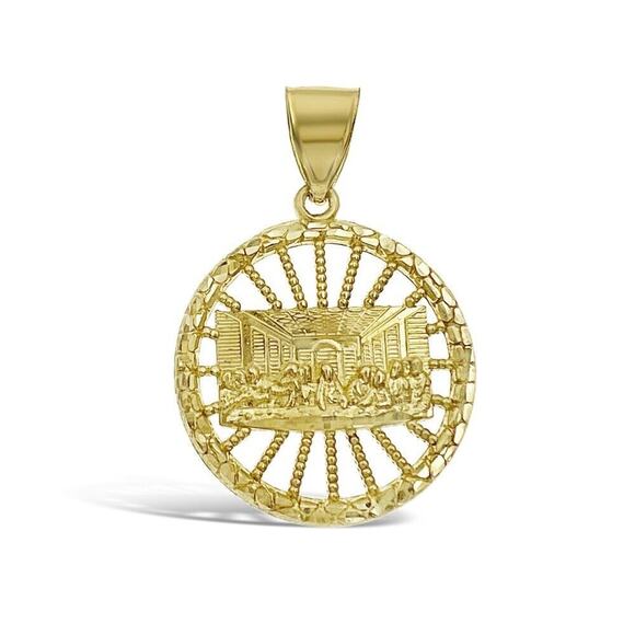 Last Supper Round Pendant Mens Charm 10k Yellow Gold 1.4 inch